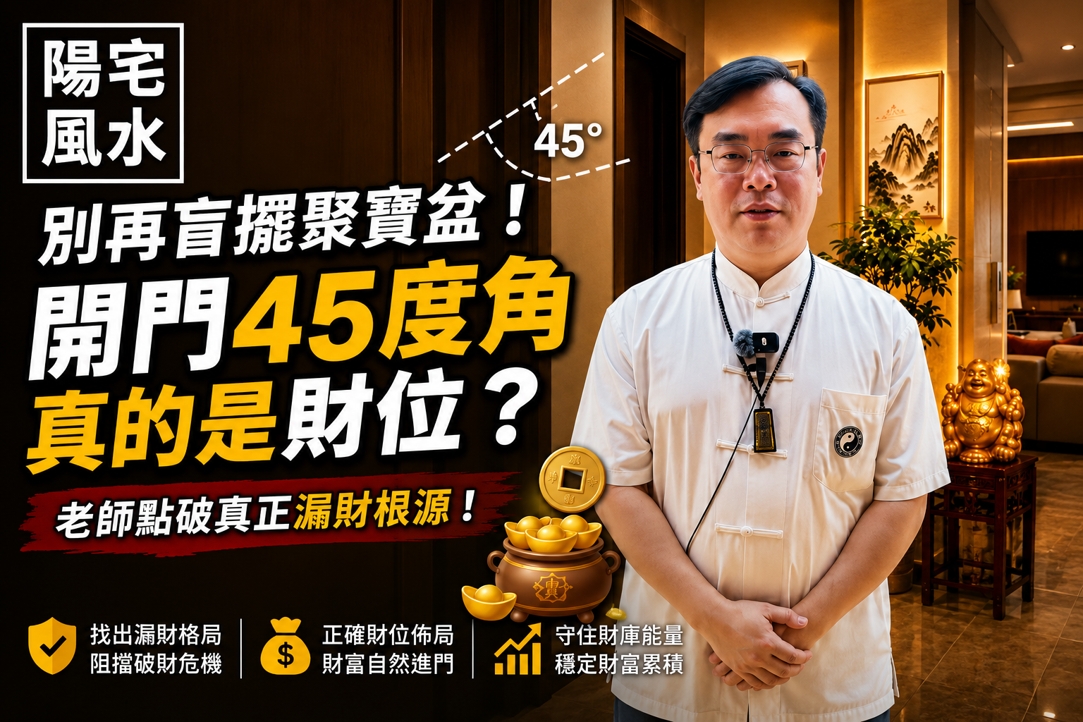 【風水迷思】家裡財位真的在「開門45度角」？老師點破賺不到錢的真相：盲擺聚寶盆沒用，這兩大漏財壞習慣先改掉！